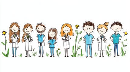 Fototapeta premium Cheerful Healthcare Professionals in Cartoon Style with Nature Elements Representing Teamwork, Care, and Compassion in Medical Field and Health Industry