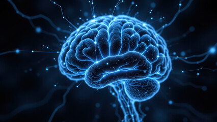 Fototapeta premium A digital illustration of a human brain with glowing blue connections, symbolizing advanced cognition or artificial general intelligence.