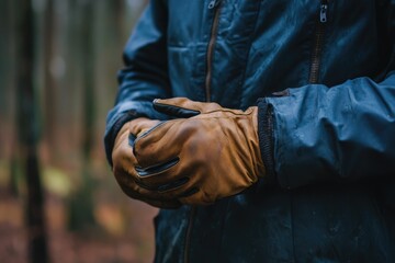Fototapeta premium An Outdoorsman Prepares for Adventure: A Man Donning Leather Gloves in the Wilderness