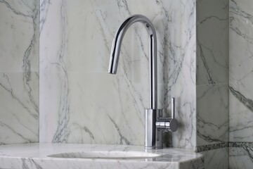 modern design of chrome kitchen faucet close up	