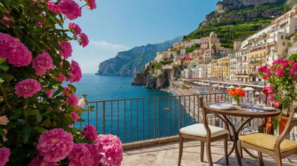 Terraza con coloridas flores en la antigua costa de la costa de Amalfi, Italia
