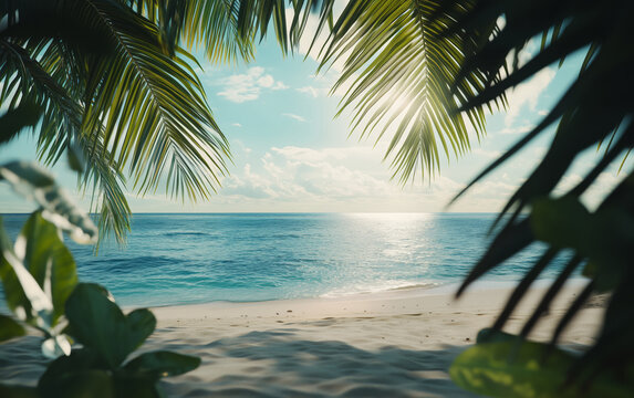 View of the sandy beach and blue ocean through the green leaves of palm trees and tropical plants