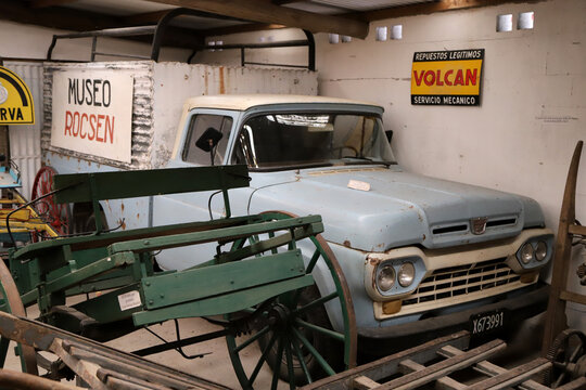 
Old Ford truck and carriage exhibited at the Rocsen Museum in Nono, C&oacute;rdoba, Argentina. Antique vehicle room.