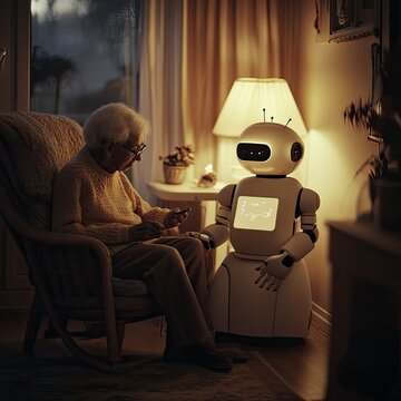 A caregiving scene featuring an elderly individual and a humanoid robot, emphasizing the role of AI in providing emotional and physical assistance in daily life.