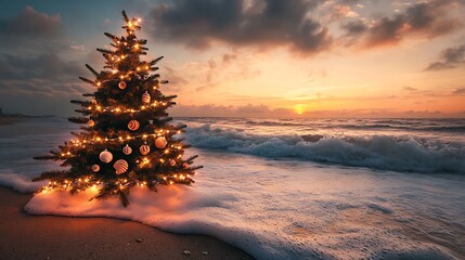 A beautifully decorated Christmas tree with long lights and seashell ornaments, standing on a sandy beach with crashing waves.