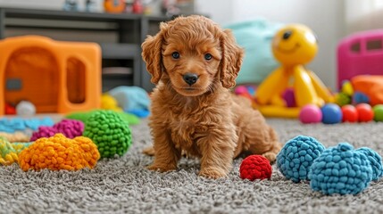 Playful puppy surrounded by colorful toys in a bright indoor play area