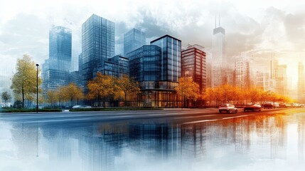 Obraz premium City Morning Lights. Modern cityscape with skyscrapers reflecting on calm water, urban landscape at sunrise for business, technology, real estate concepts, futuristic architecture with vibrant colors