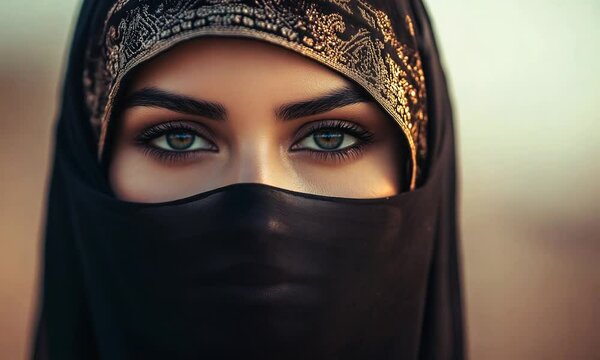 Young woman in a niqab gazes intensely at the camera, revealing her striking brown eyes and elegant traditional attire
