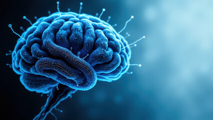 Obraz premium A graphic illustration of an AI brain with a blue background and highlighted synapses, symbolizing artificial general intelligence.