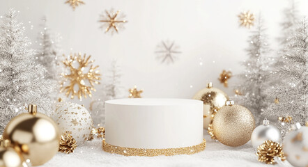 Fototapeta premium Elegant winter celebration setup featuring a white cake display and decorative ornaments with a festive ambiance