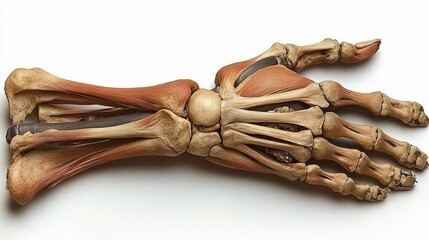 Detailed anatomical model of a human hand showcasing bones and muscles in a clear display