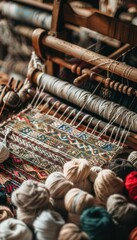 Weaver's Workspace: Partially Completed Textile Art with Colorful Yarns and Tools for Creative Design