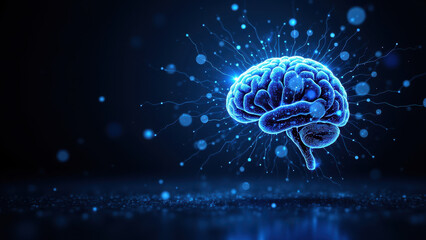 An artistic representation of a human brain with an explosion of blue particles, symbolizing artificial general intelligence.