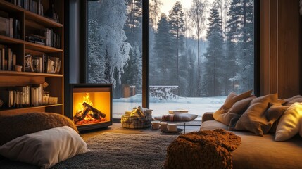 Cozy winter cabin, fireplace, snowy forest view.