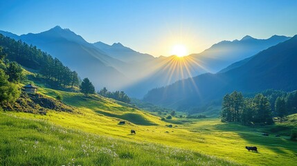Obraz premium Stunning Highland Pastures at Dawn: A Serene Sunrise in Gangba County, Tibet, China