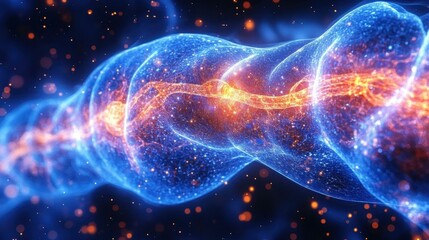 Gene Research Tools. DNA double helix close-up with glowing particles and futuristic blue background, perfect for science, genetics, biology, education, medical presentations, technology, research, i