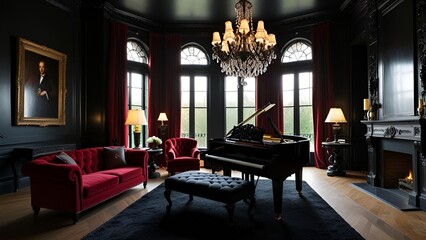 Luxurious dark interior with grand piano and red velvet furniture