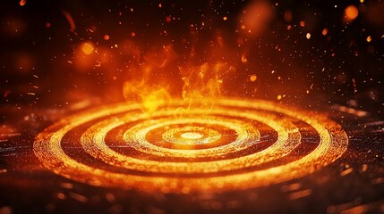 Fototapeta premium Fiery target graphic design with glowing orange flames and sparks on dark background.
