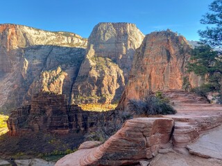 Incredibly beautiful views from angels landing and scout lookout hike in Zion National Park in Utah, United States, One of the most beautiful landscapes in the United States.