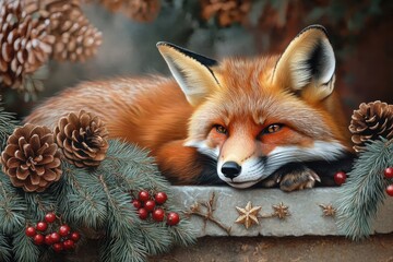 Obraz premium Relaxed red fox resting near a snow-covered pine tree adorned with frosted pinecones, berries, and natural festive decorations
