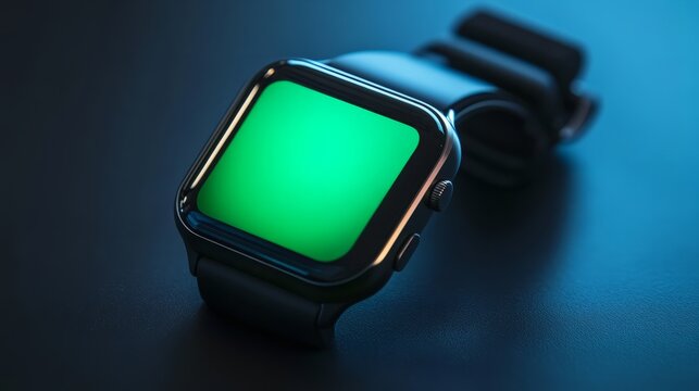 A smartwatch with a green screen sitting on a smooth, futuristic black surface with subtle lighting.