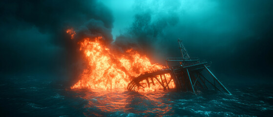 massive oil rig explosion engulfs ocean in flames and smoke.