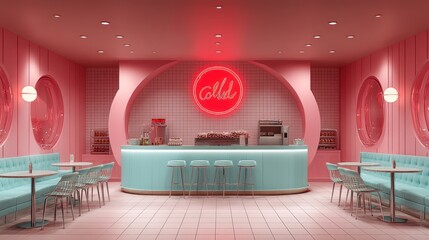 Here's a description and keywords for the image.. Retro pink and teal diner interior with curved booths, counter, and neon sign.