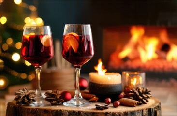 Mulled wine on a Christmas festive background with a fireplace