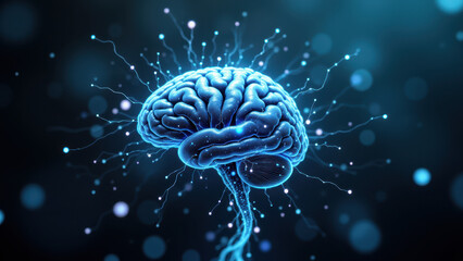 Fototapeta premium A computer-generated image of a human brain with blue lightning emanating from it, symbolizing artificial general intelligence or advanced computational power.