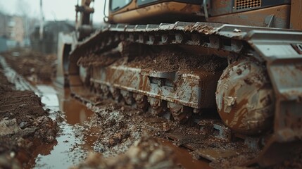 Mud-caked bulldozer track treads in a muddy ditch.