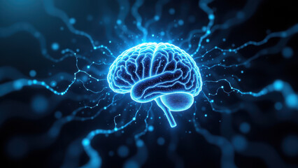 An animated illustration featuring a human-like brain with glowing electric blue neural connections suggesting advanced artificial intelligence capabilities or cognition.