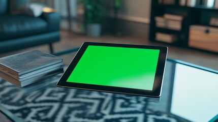 A tablet with a green screen lying next to a set of wireless headphones and a slim notebook