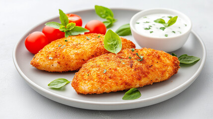 Crispy breaded chicken fillets placed on a plate with cherry tomatoes and dipping sauce on the side