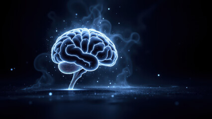 A three-dimensional digital representation of a human brain with swirling patterns suggesting neural activity, representing artificial general intelligence.