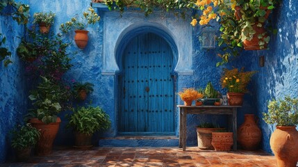 Vibrant Blue Moroccan Courtyard with Rustic Wooden Door and Potted Plants, Moroccan Blue Wall and Door with Vibrant Flowers and Green Plants, Mediterranean Courtyard with Blue Door and Terracotta Pot 