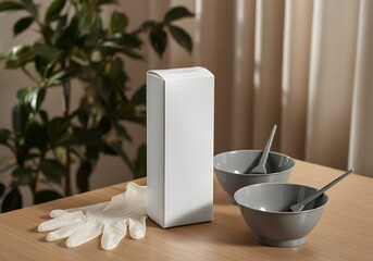 A hair dye box mock-up with a blank surface, placed in a home styling setup with gloves and bowls 3d illustration brand mock-up template.