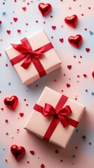 Obraz premium A beautifully arranged display of gift boxes and heart decorations, symbolizing love, celebration, and special occasions.