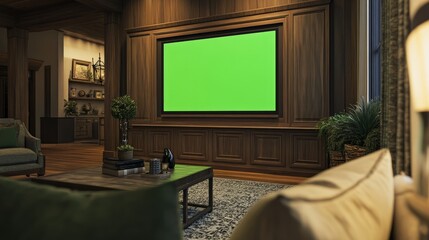 A TV with a green screen in a stylish media room, surrounded by custom-built cabinets. 