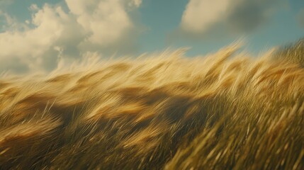 Golden wheat field swaying under a sunny sky with soft clouds.