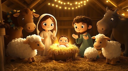 Cartoon illustration of the nativity scene representing the holy family praying in the manger with baby jesus, ox, donkey and sheep under the star of bethlehem