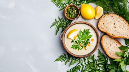 A bowl of Eierschwammerl soup surrounded by fresh herbs, lemon slices, and rustic bread