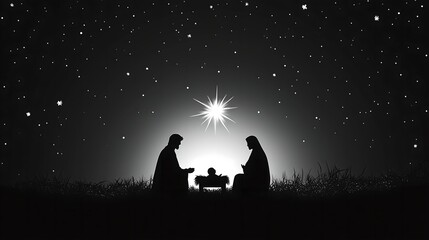 Christmas nativity scene with baby Jesus, Mary and Joseph in the manger. Black silhouette.Traditional christian christmas story. Vector illustration