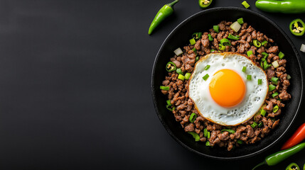 Sizzling pork sisig is plated on cast iron, topped with fried egg and garnished with chilies