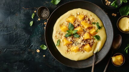 Tropical fruit smoothie bowl with granola and mint garnish