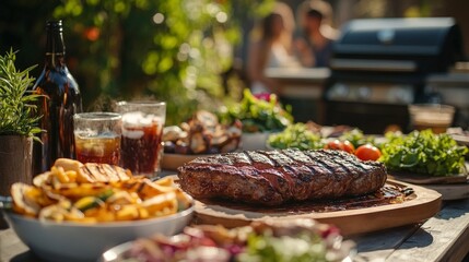 A vibrant outdoor barbecue scene featuring grilled meat, salads, and drinks.