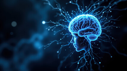 Obraz premium Futuristic representation of Artificial General Intelligence with a glowing human head and interconnected neural pathways against a cosmic backdrop.