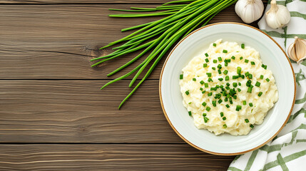 A plate of creamy ksesptzle topped with fresh chives and garlic on a wooden table