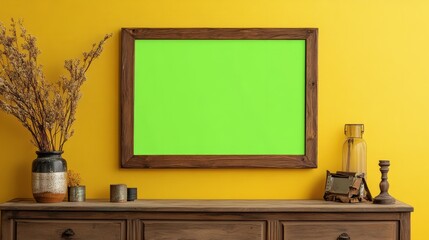 A vintage wooden frame with a green screen, displayed on a retro-style mustard-colored wall. 