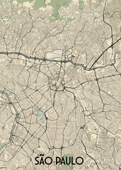 A detailed map of São Paulo, Brazil, rendered in a vintage style. The map features a beige background with black lines representing streets and roads. Green areas depict parks