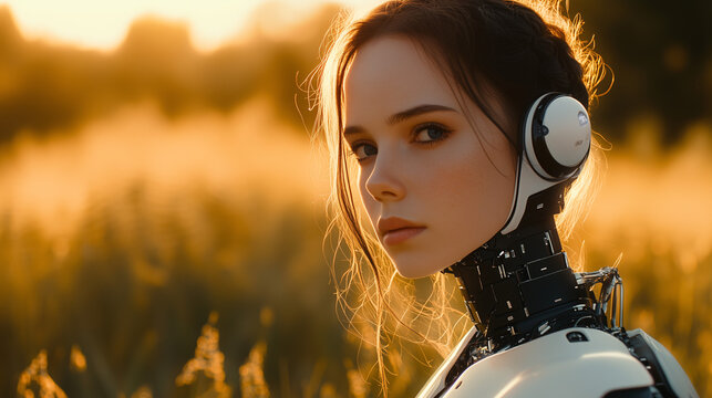 Mujer androide con dise&ntilde;o futurista en campo al atardecer